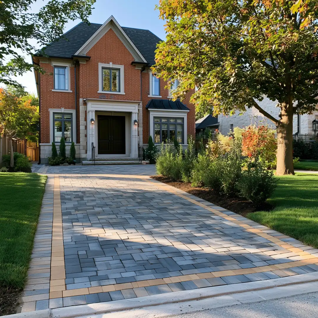 Completed charcoal interlock paver driveway with soldier course border in Richmond Hill