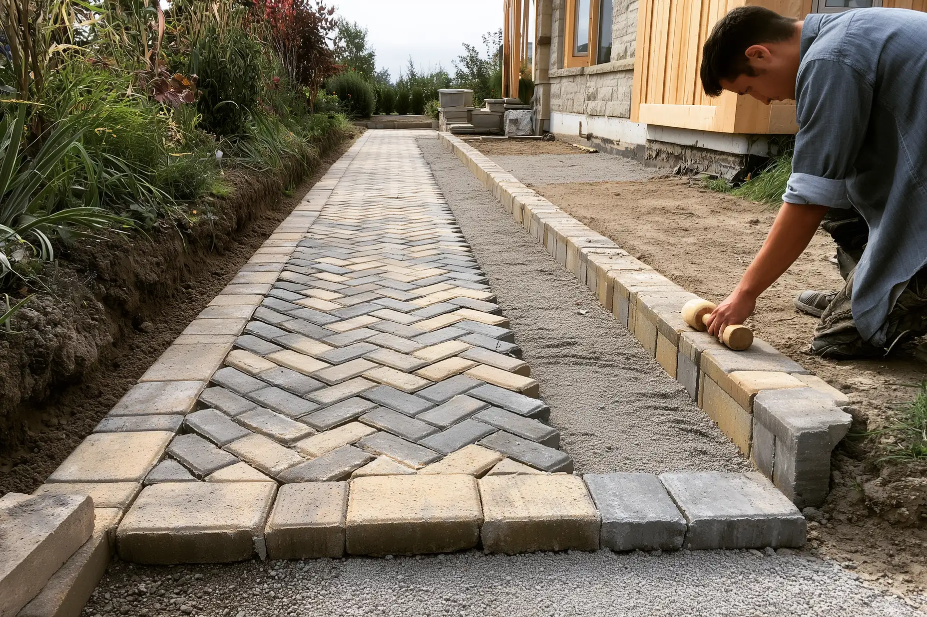 Interlocking pavers being set in herringbone pattern on a compacted granular base at a GTA property