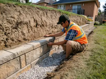Worker placing concrete retaining wall block along the first course, gravel drainage layer visible at base of excavation