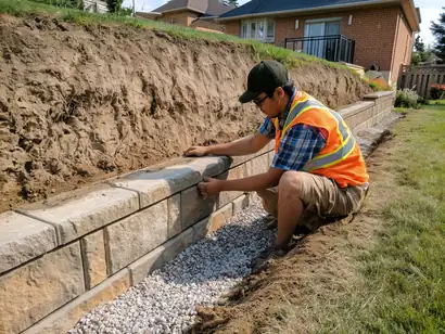Worker placing concrete retaining wall block along the first course, gravel drainage layer visible at base of excavation